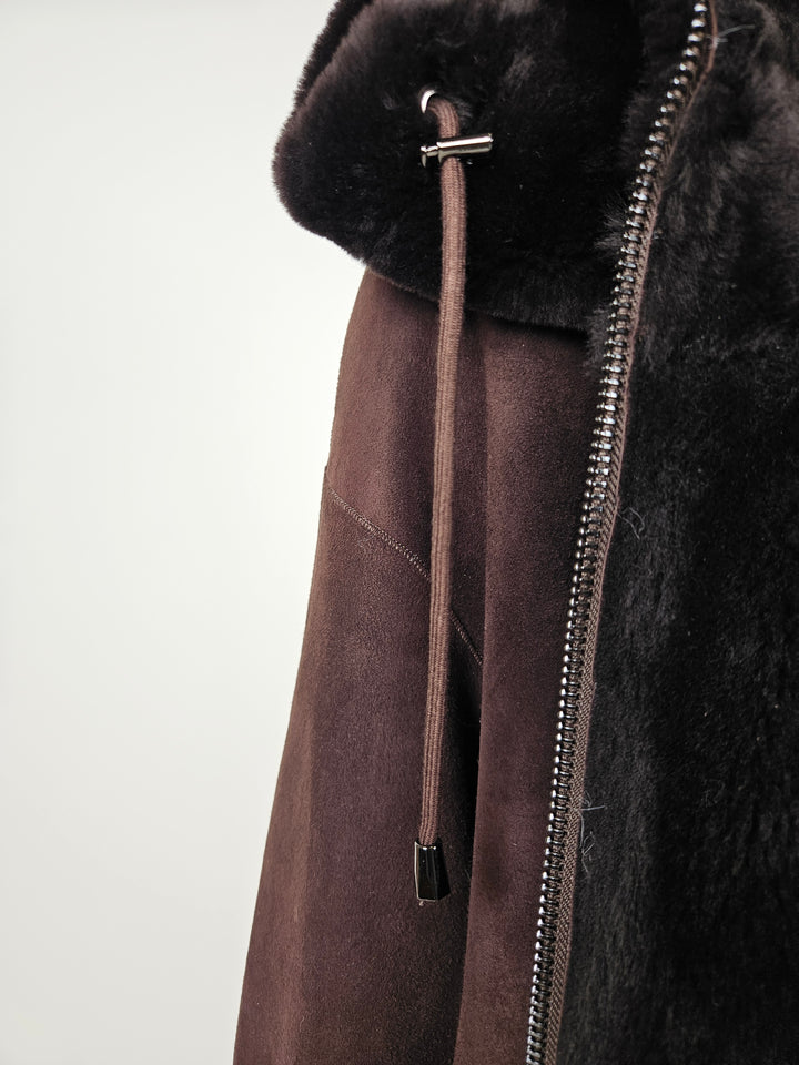 New Gabiana, 108 cm. - Hood Suede Lamb - Women Dark Brown