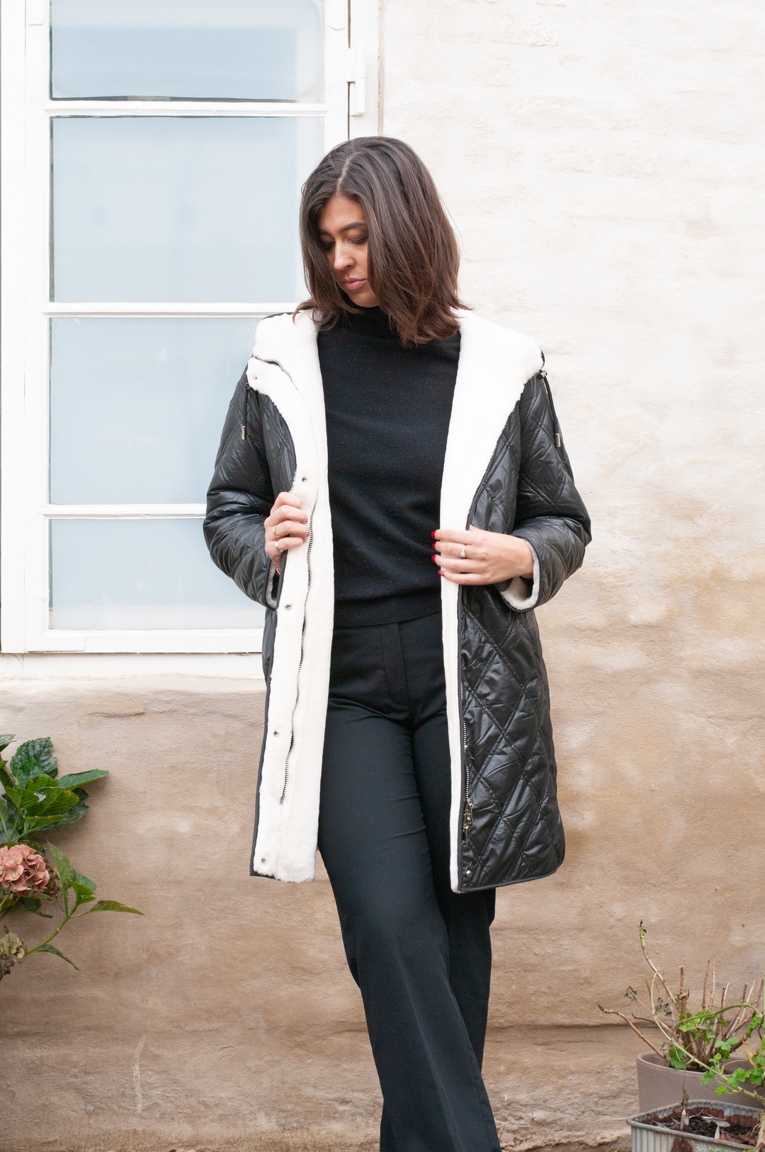 Gernsey, 90 cm. - Kapuze - Lammjacke Glattes Haar - Damen - Weiß