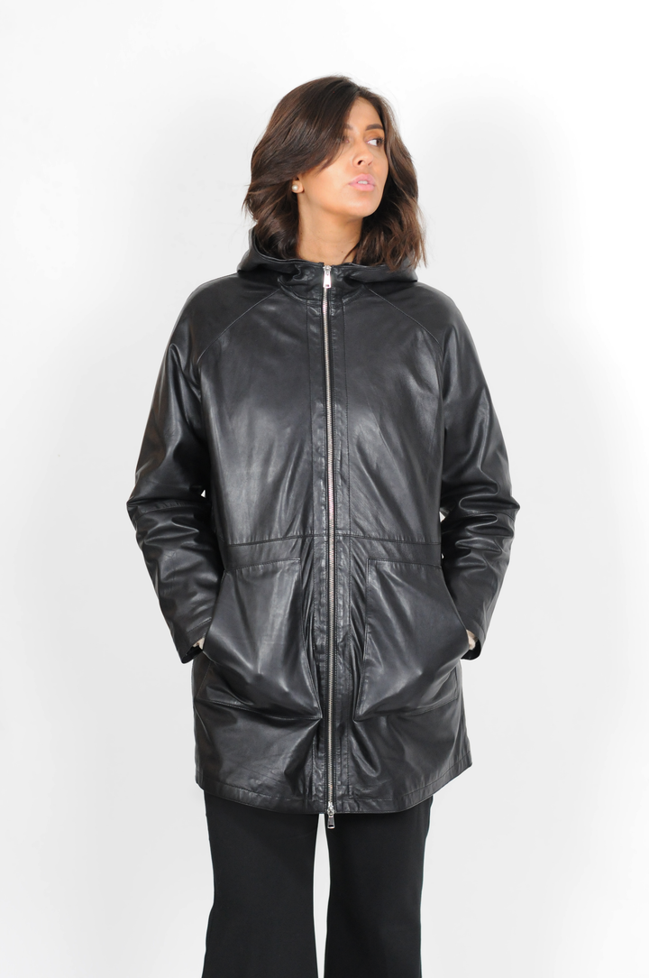 Danyal, 82 cm. - Leather jacket with hood - Women - Black