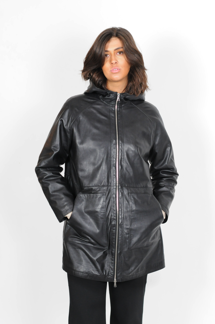 Danyal, 82 cm. - Leather jacket with hood - Women - Black