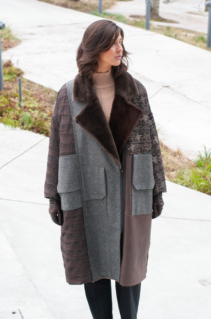 Iseline 116 cm. - Rulam frakke oversize - Dame - Multi farve brun