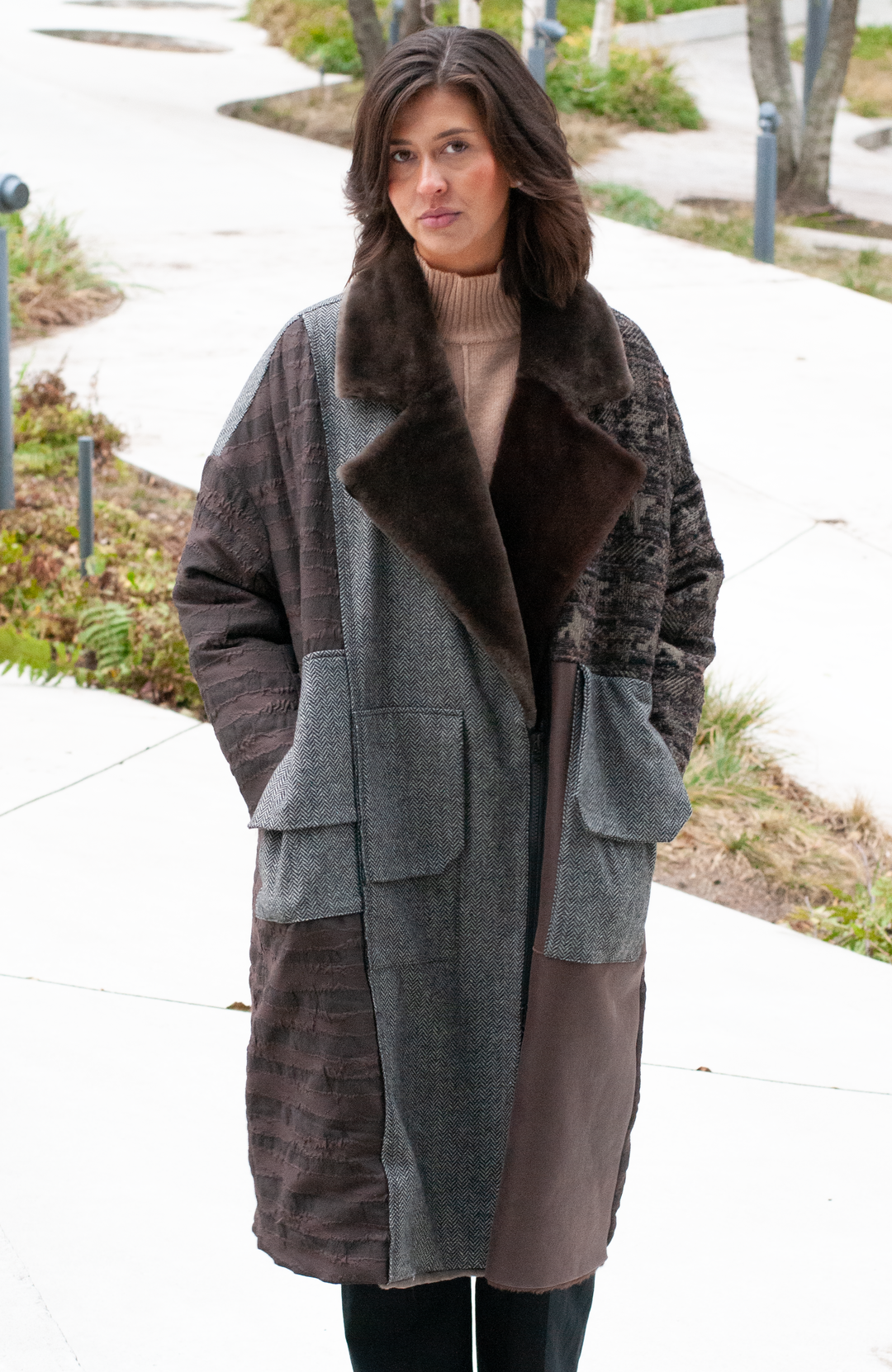 Iseline 116 cm. - Rulam frakke oversize - Dame - Multi farve brun