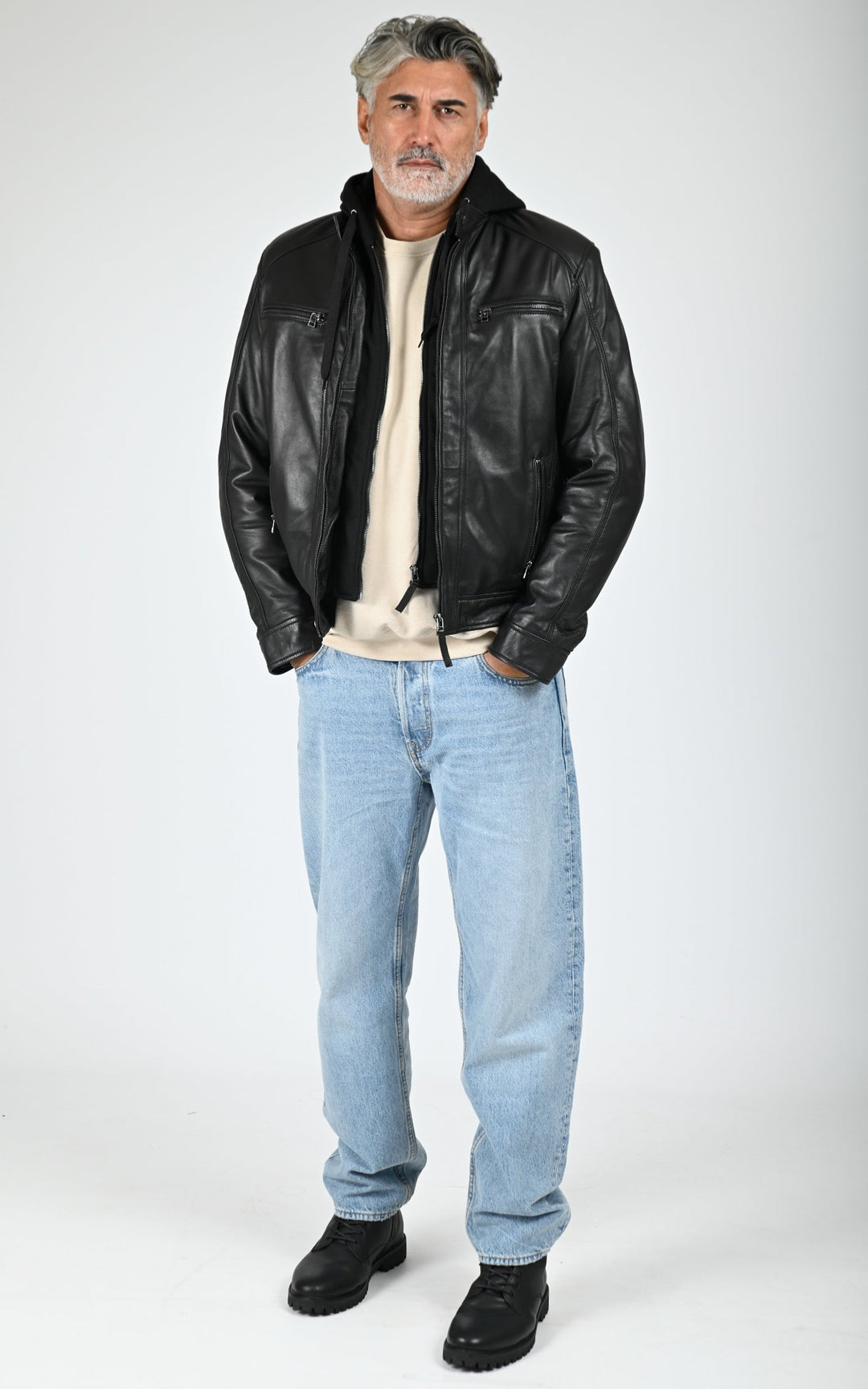 Blouson capuche cuir Erico Hood noir