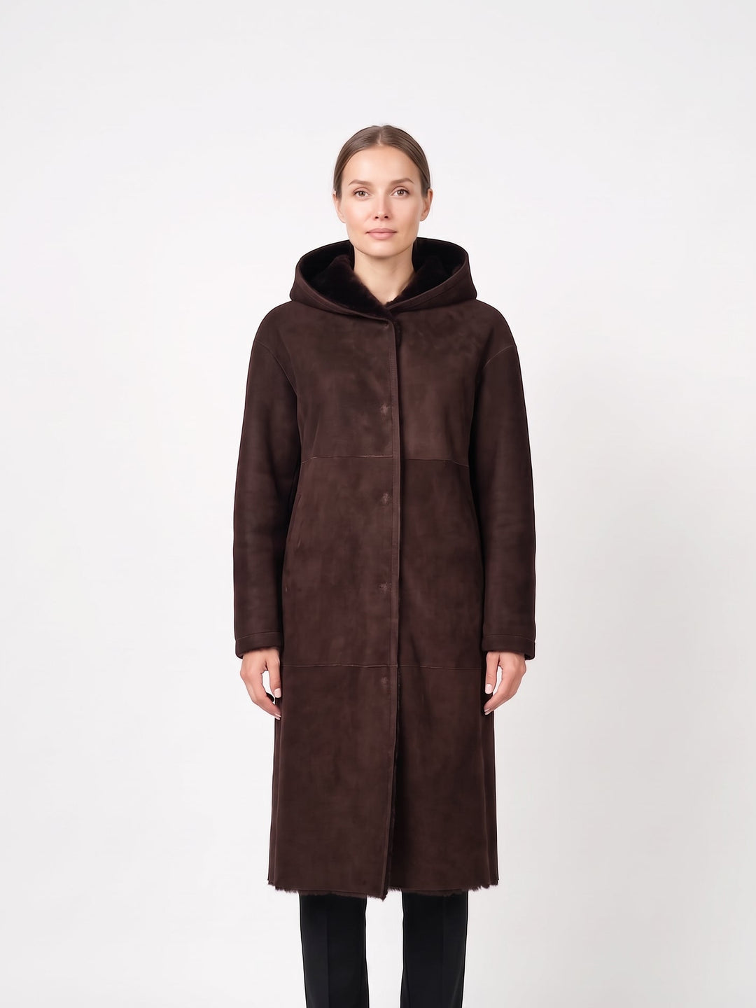 Ausron-A, 110 cm. - Hood Suede Lamb - Women Dark Brown