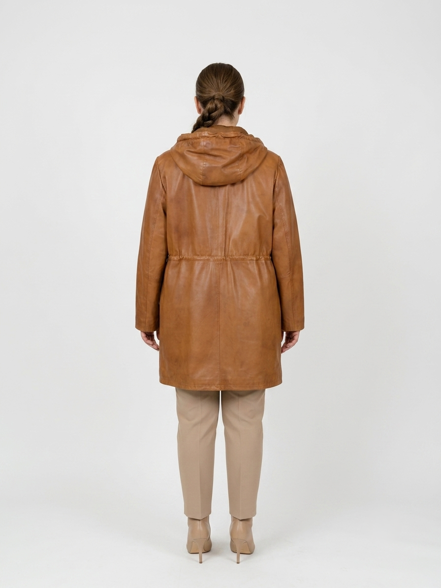 New Solene, 87 cm. - Hood Lamb Thick Dace Leather -Women Dark Cognac