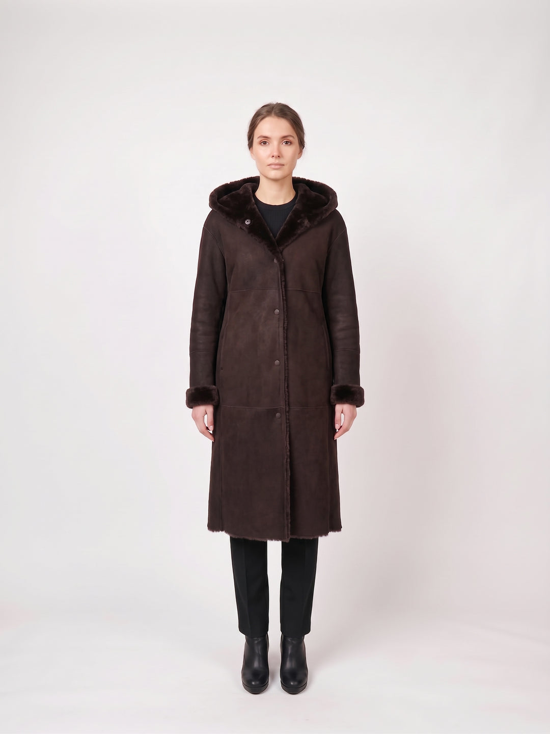 Ausron-A, 110 cm. - Hood Suede Lamb - Women Dark Brown