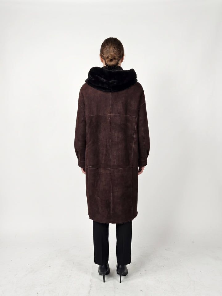 New Gabiana, 108 cm. - Hood Suede Lamb - Women Dark Brown