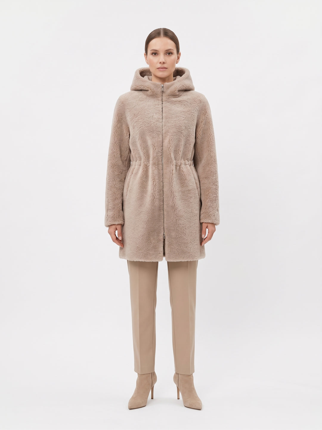 Delaney, 87 cm. - Hood Curly Lamb - Women Dark Beige