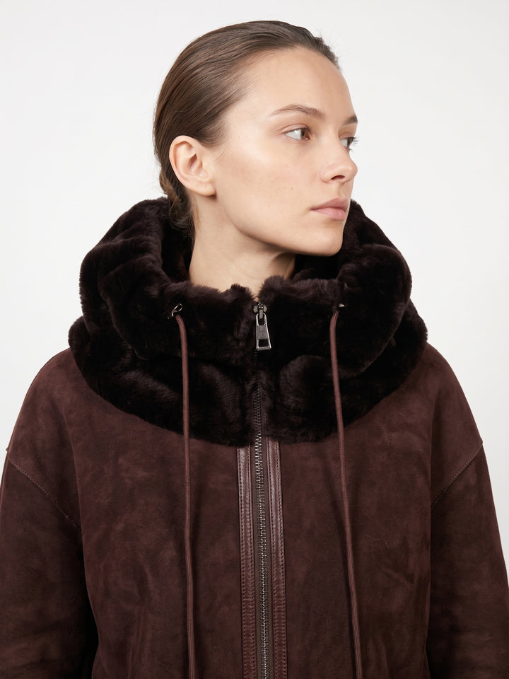 New Gabiana, 108 cm. - Hood Suede Lamb - Women Dark Brown