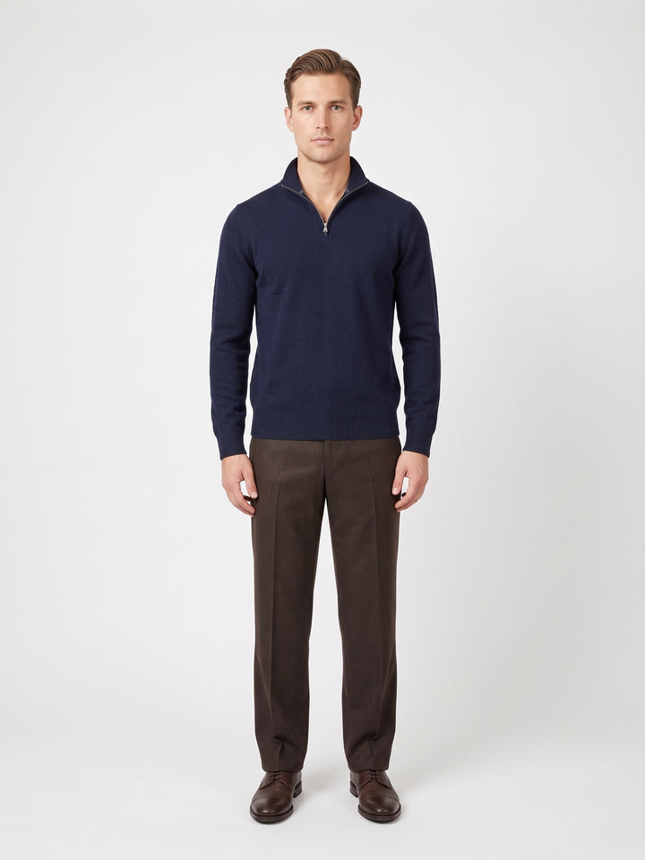 SY-1568-9 Herre sweater med halv lynlås - 100 % ren kashmir - mænd - mørkeblå