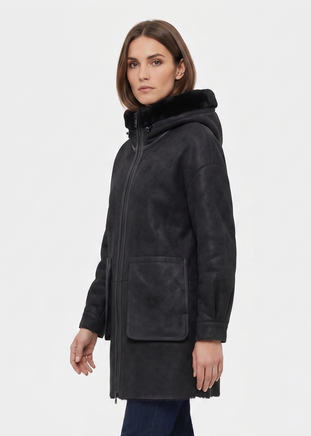 Gavina, 84 cm. - Hætte - Nappa Lam - Damer - Sort