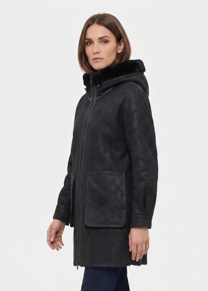 Gavina, 84 cm. - Hætte - Nappa Lam - Damer - Sort