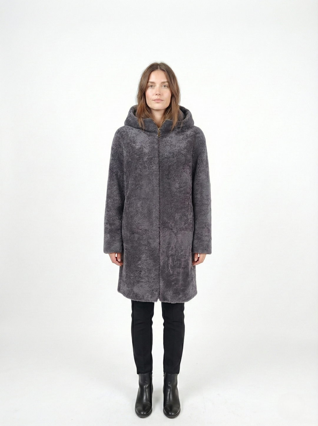 Delaney, 87 cm. - Hood - Curly Lamb - Women - Segred Grey