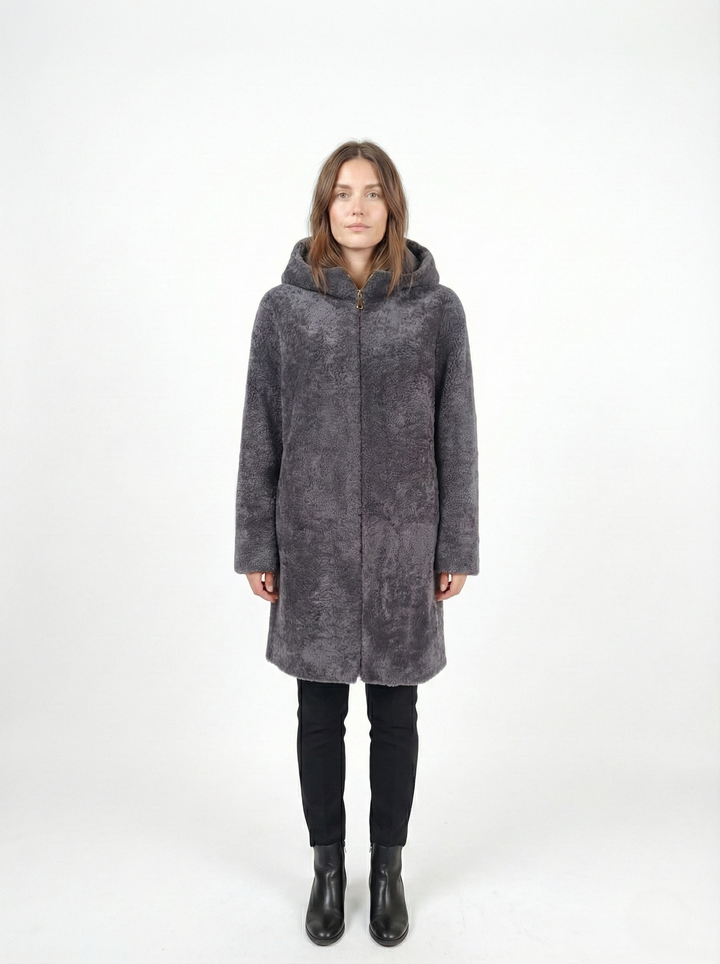 Delaney, 87 cm. - Hood - Curly Lamb - Women - Segred Grey