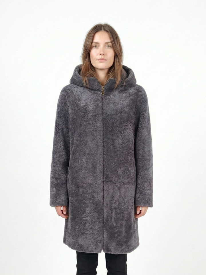 Delaney, 87 cm. - Hood - Curly Lamb - Women - Segred Grey