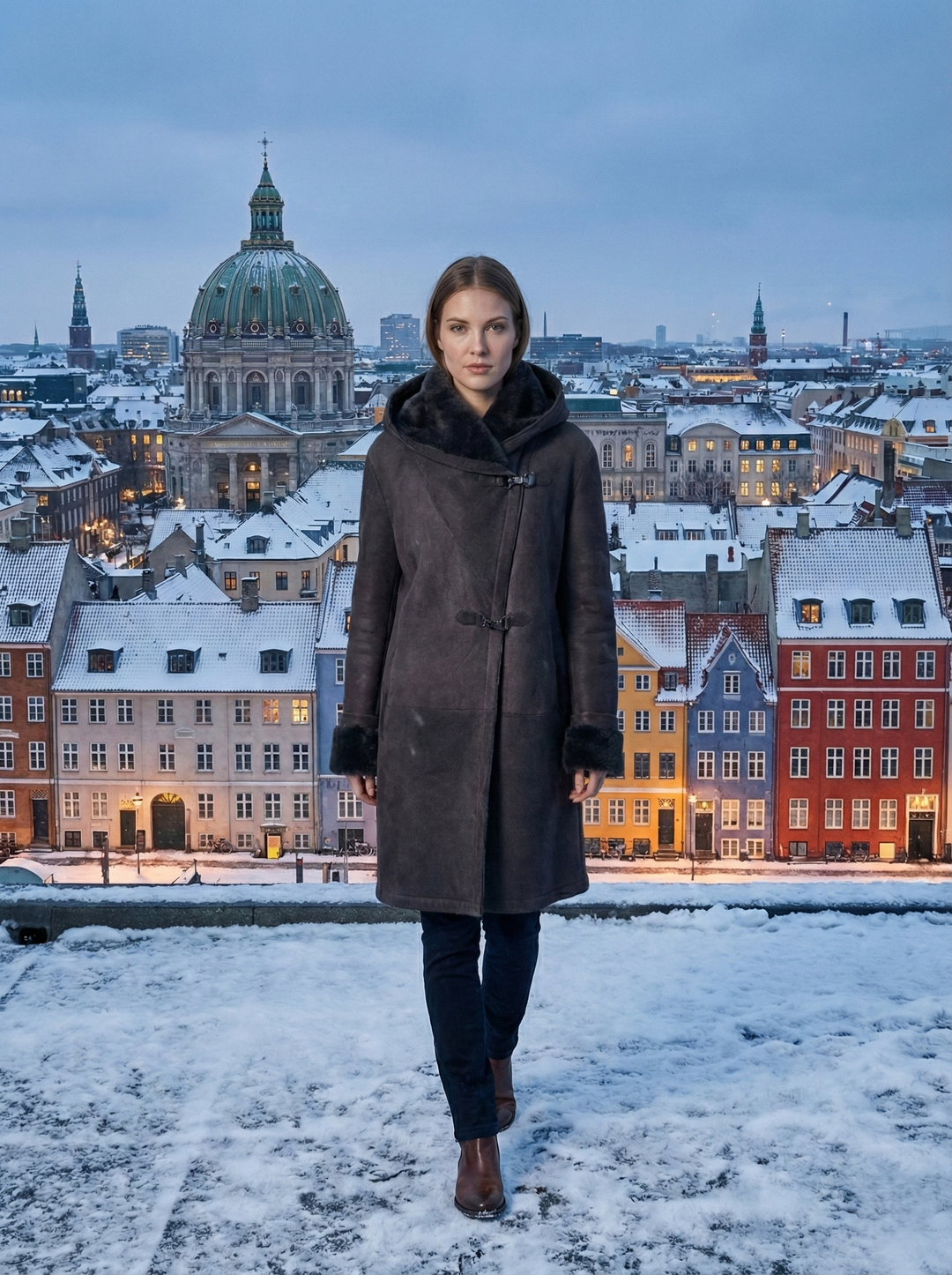 969, 90 cm. - Kapuze - Wildlederlamm - Damen - Dunkelbraun