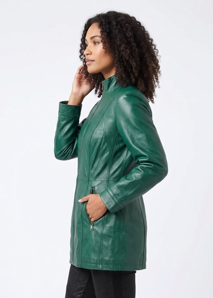 Woman wearing a green leather jacket on a white background