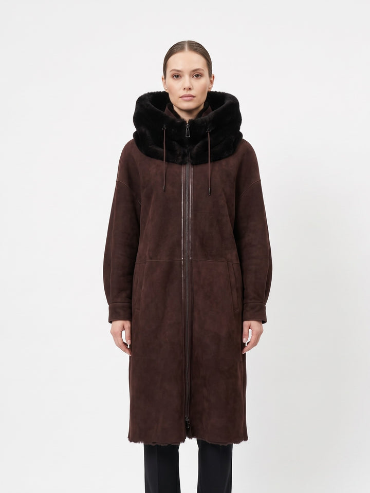 New Gabiana, 108 cm. - Hood Suede Lamb - Women Dark Brown