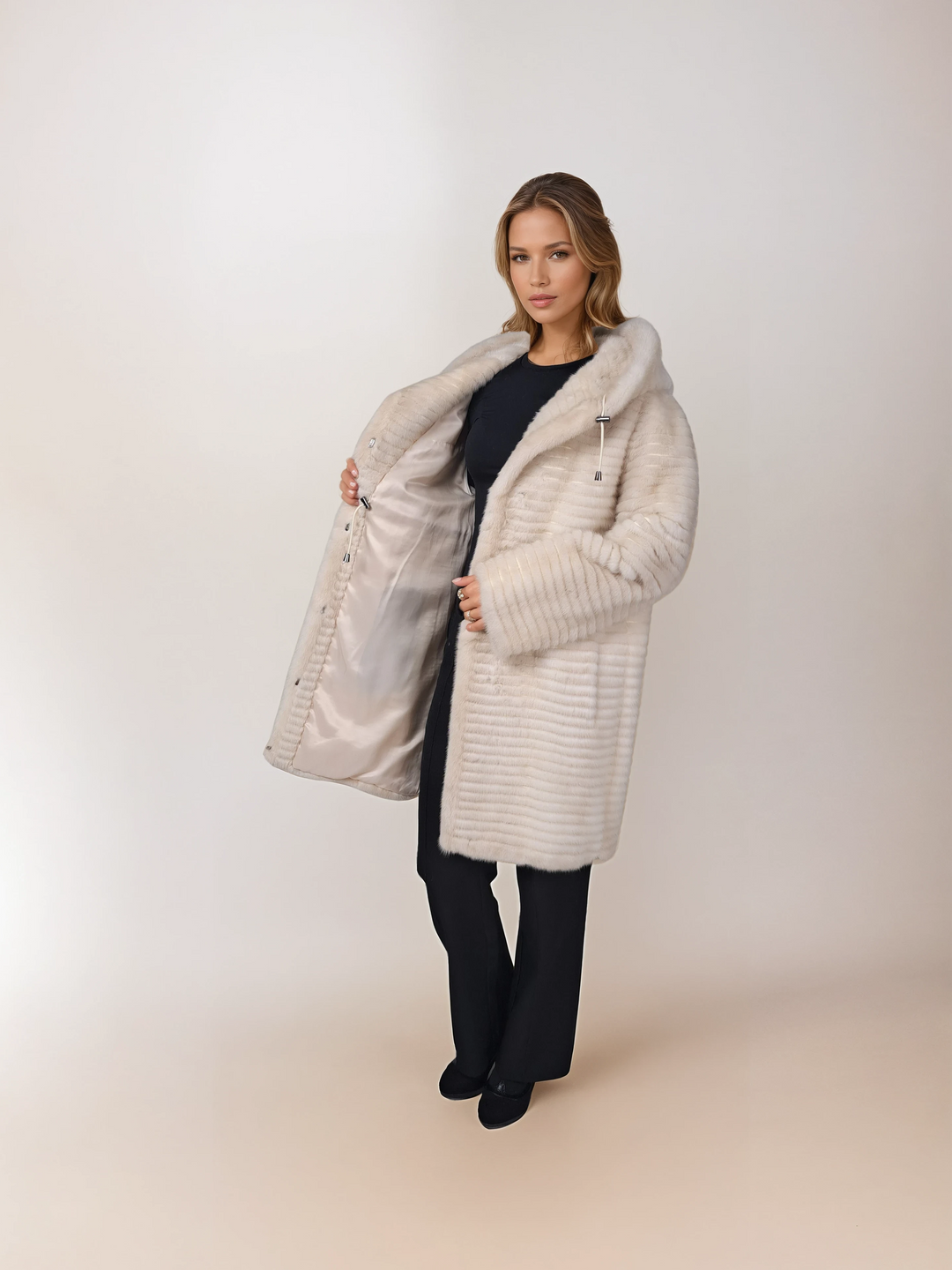 Norma, 90 cm. - Hood - Mink - Women - Pearl