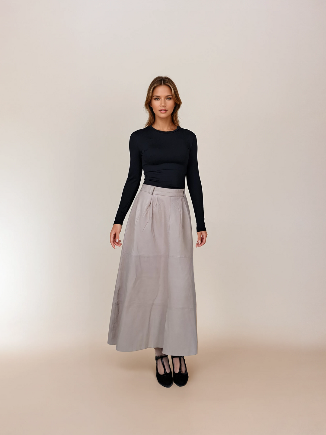 Theresa Skirt, 90 cm . - Lamb Luxur Leather - Women - Beige