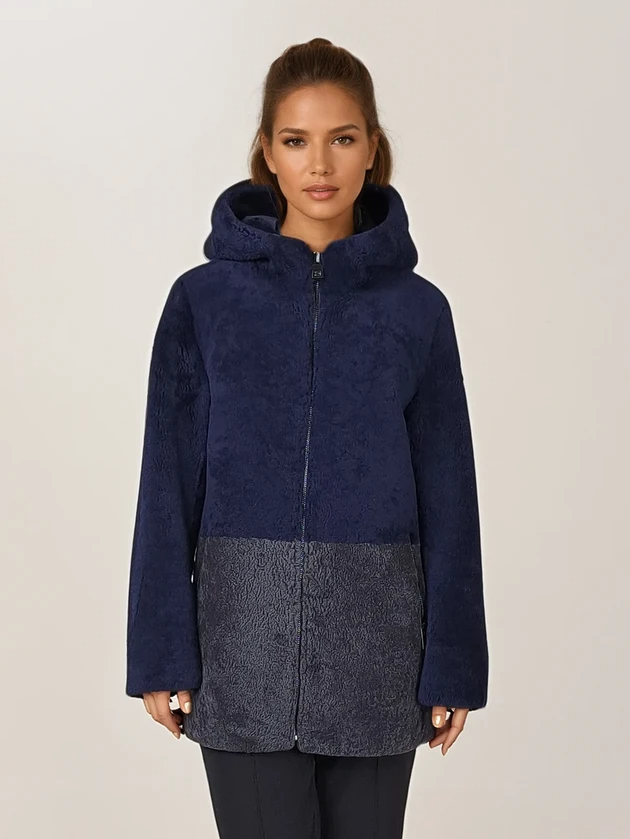 Helena, 75 cm. - Hood - Curly Lamb - Women - Dark Blue & Segred Grey