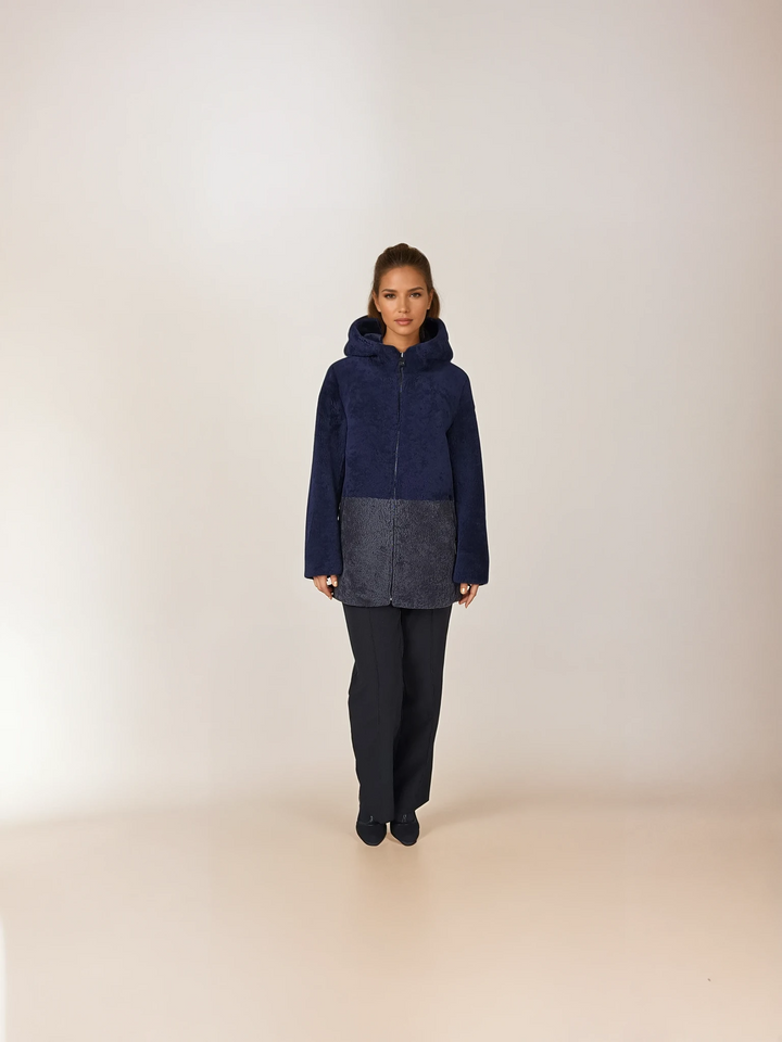 Helena, 75 cm. - Hood - Curly Lamb - Women - Dark Blue & Segred Grey