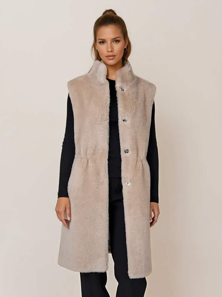 Galatee Vest, 92 cm. - Collar - Air Wool - Women - Light Camel