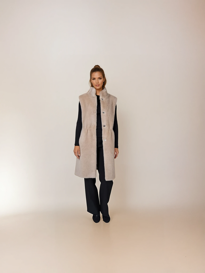 Galatee Vest, 92 cm. - Collar - Air Wool - Women - Light Camel