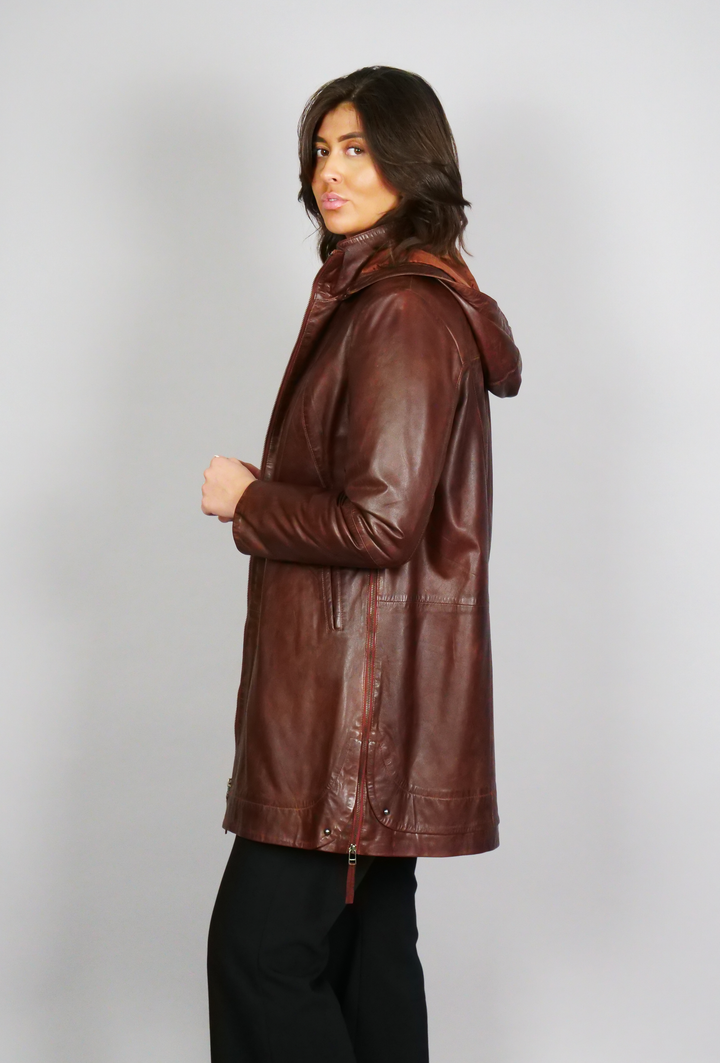 Aliana – Lederjacke mit Kapuze – Damen – Kupferbraun