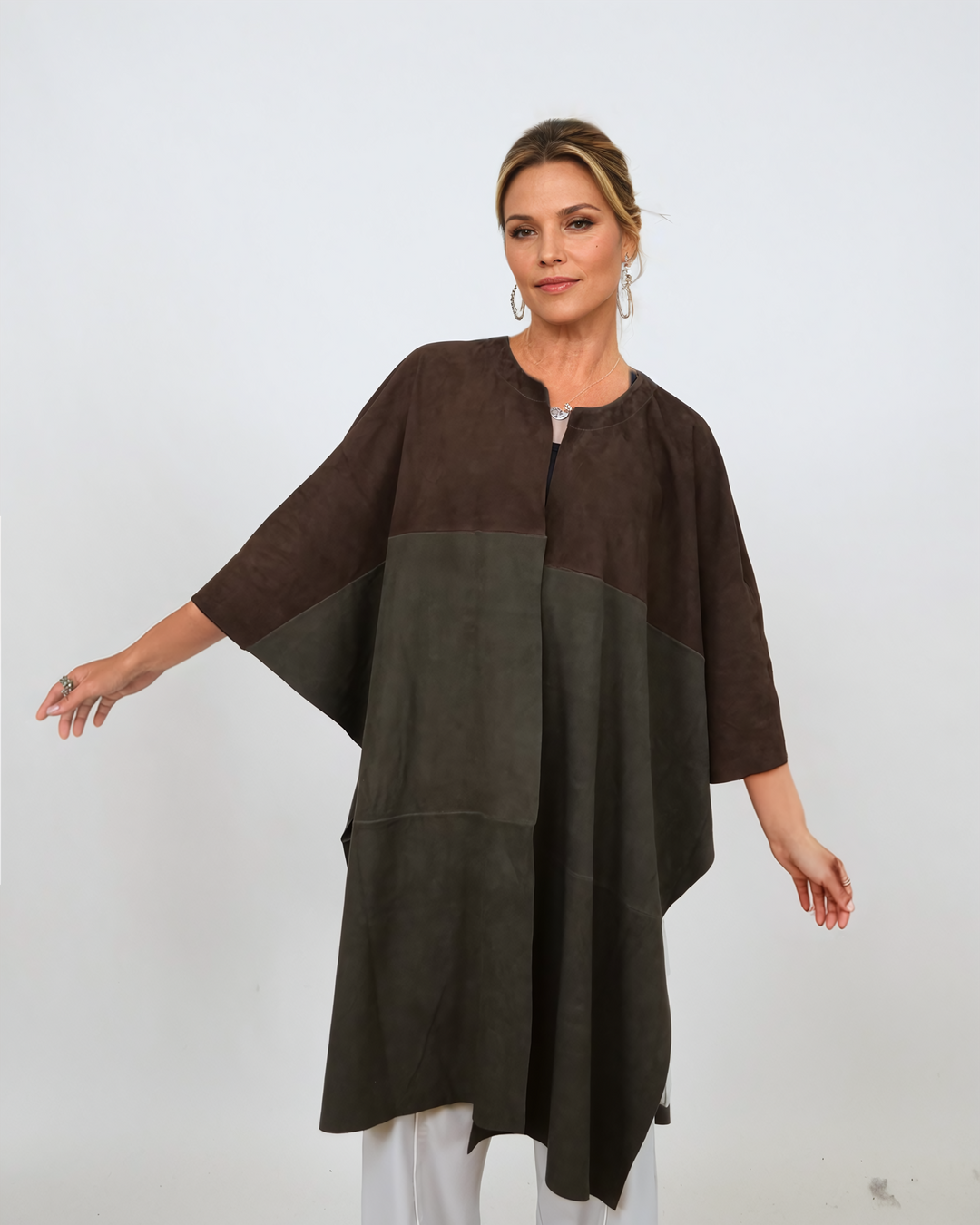 Inna Poncho, 95 cm. - Goat Suede - Women - Brown & Olive