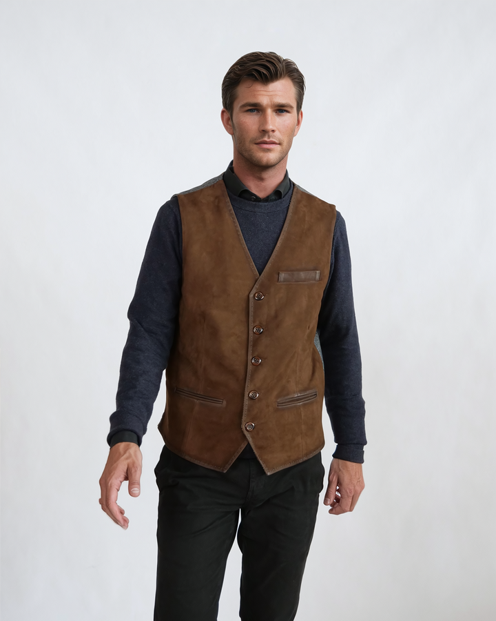 Renzo Vest, 60 cm. - Goat Suede Leather - Man - Tobacco