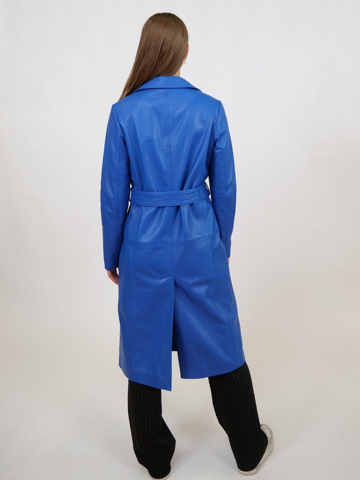 Dan Trench Coat, 105 cm. - Lamb Leather - Women - Electric Blue