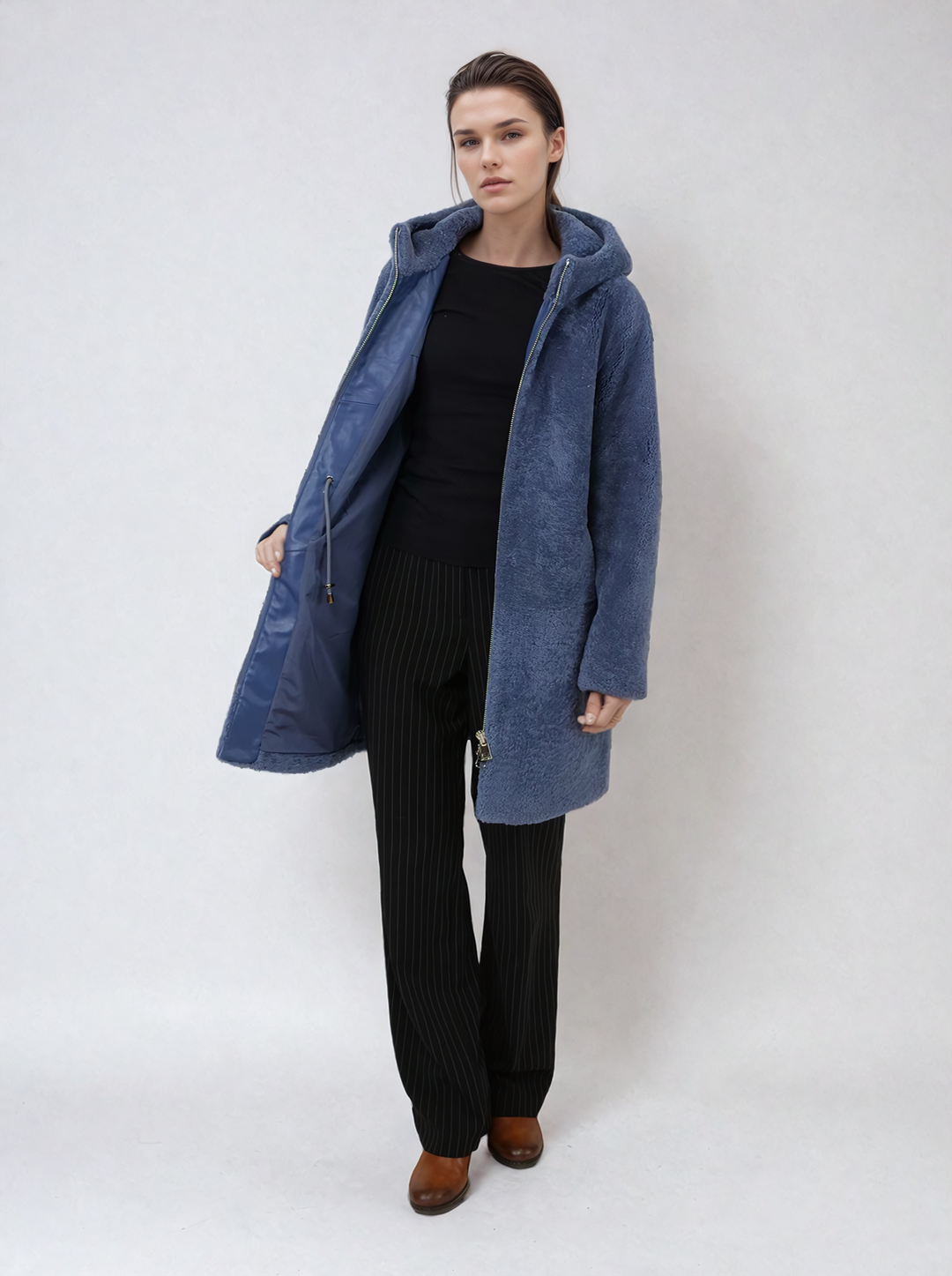 Delaney, 87 cm. - Hood - Curly Lamb Jacket - Women - Blue