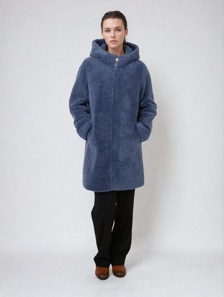 Delaney, 87 cm. - Hood - Curly Lamb Jacket - Women - Blue