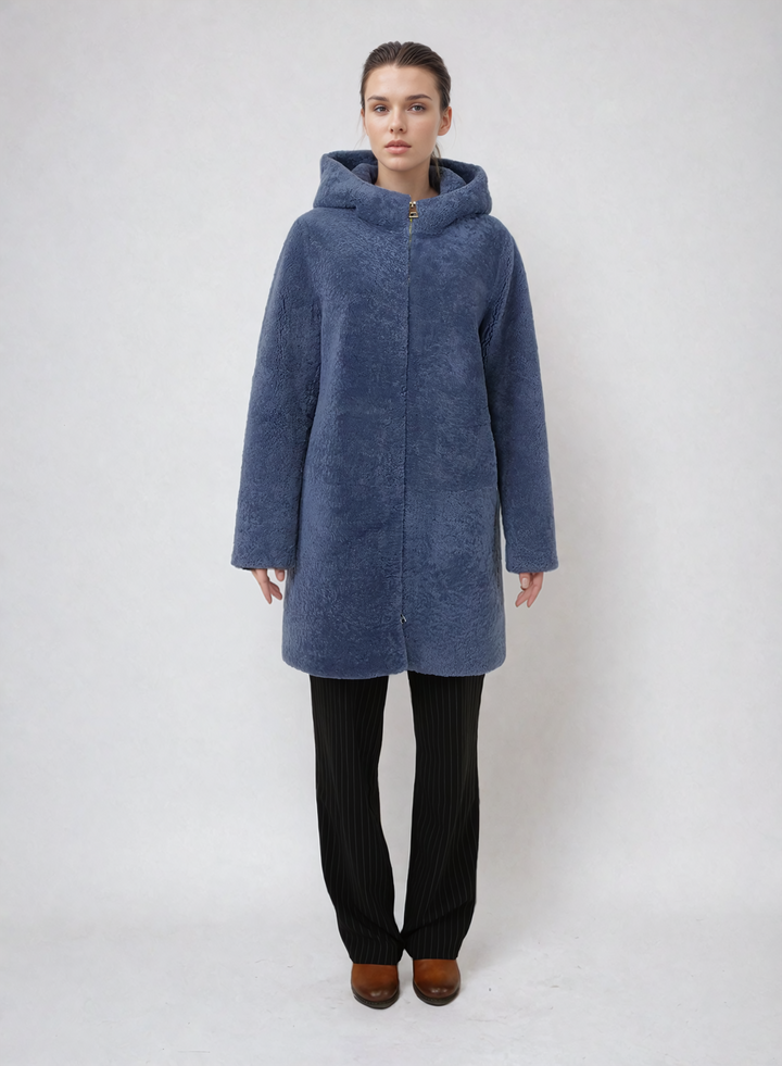 Delaney, 87 cm. - Hood - Curly Lamb Jacket - Women - Blue