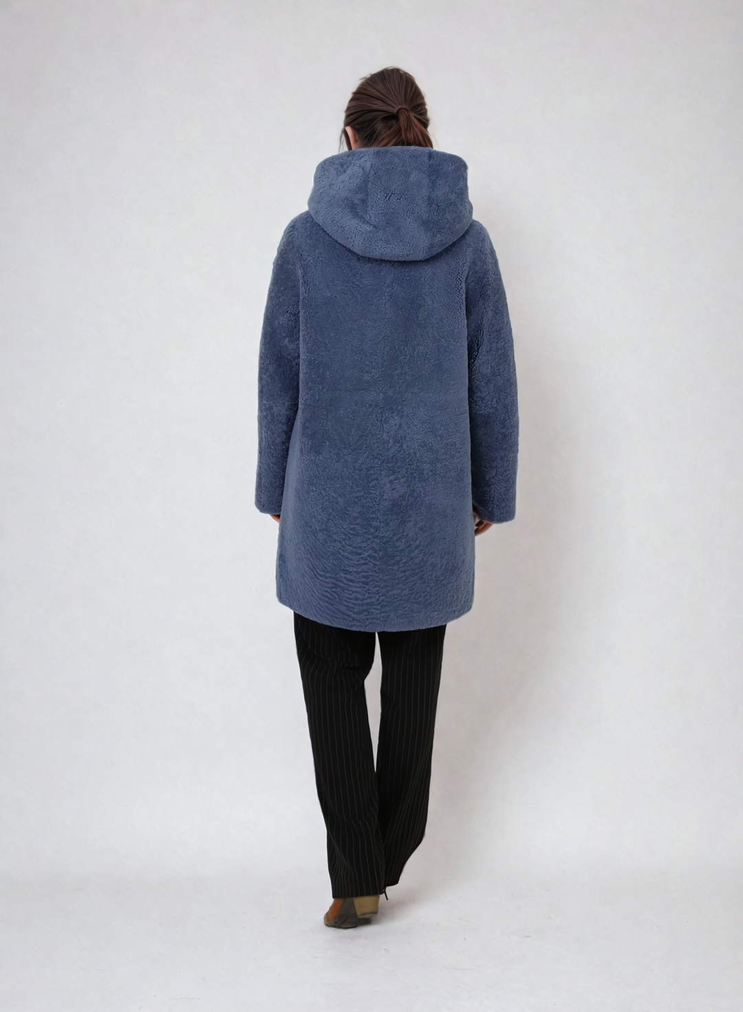 Delaney, 87 cm. - Hood - Curly Lamb Jacket - Women - Blue