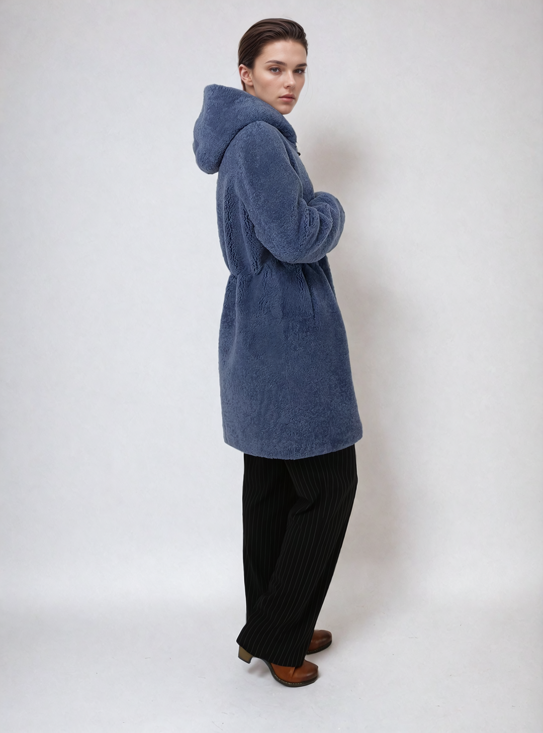 Delaney, 87 cm. - Hood - Curly Lamb Jacket - Women - Blue