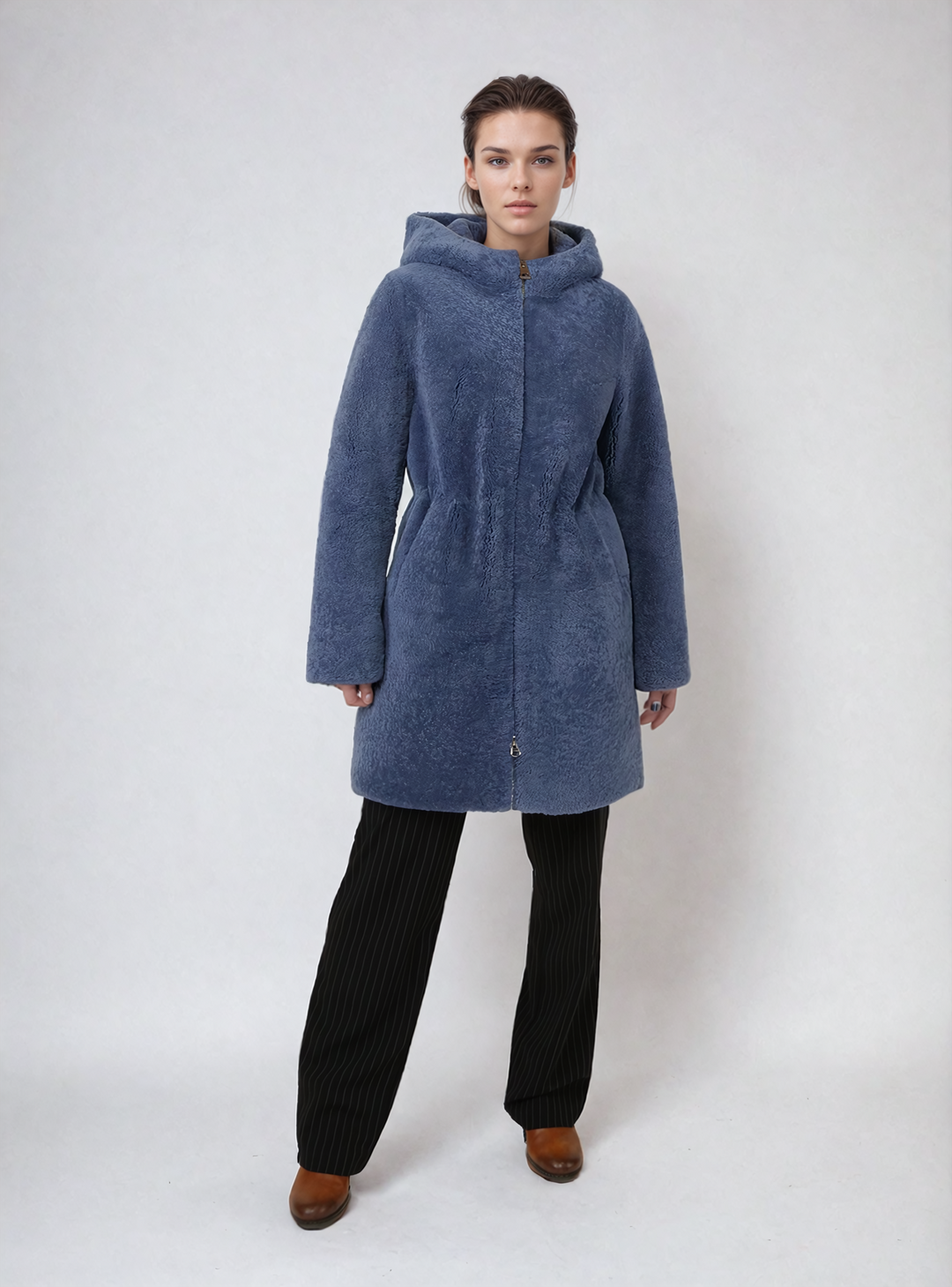 Delaney, 87 cm. - Hood - Curly Lamb Jacket - Women - Blue