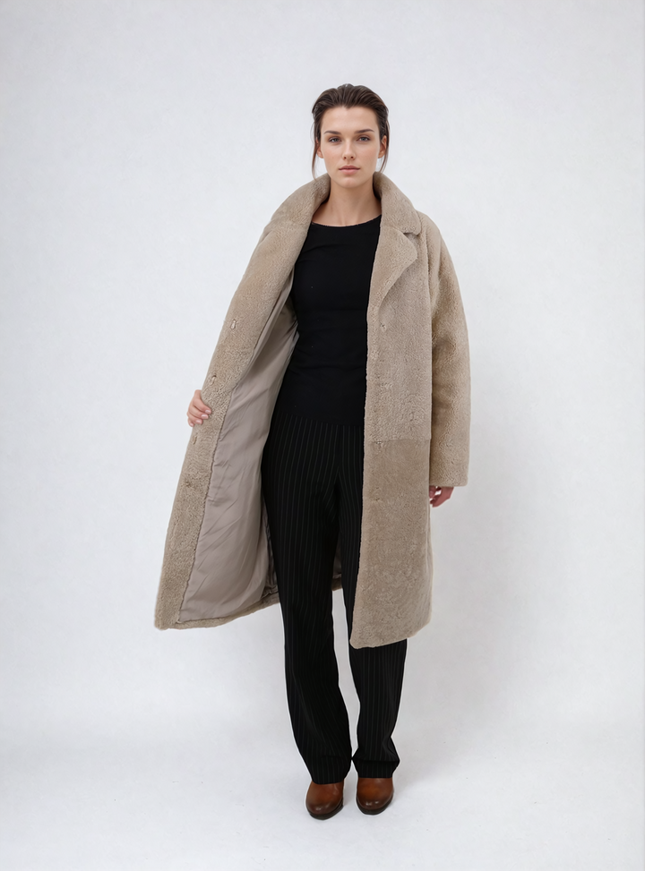 Hella, 95 cm. - Collar - Curly Lamb - Jacket - Women - Dark Beige