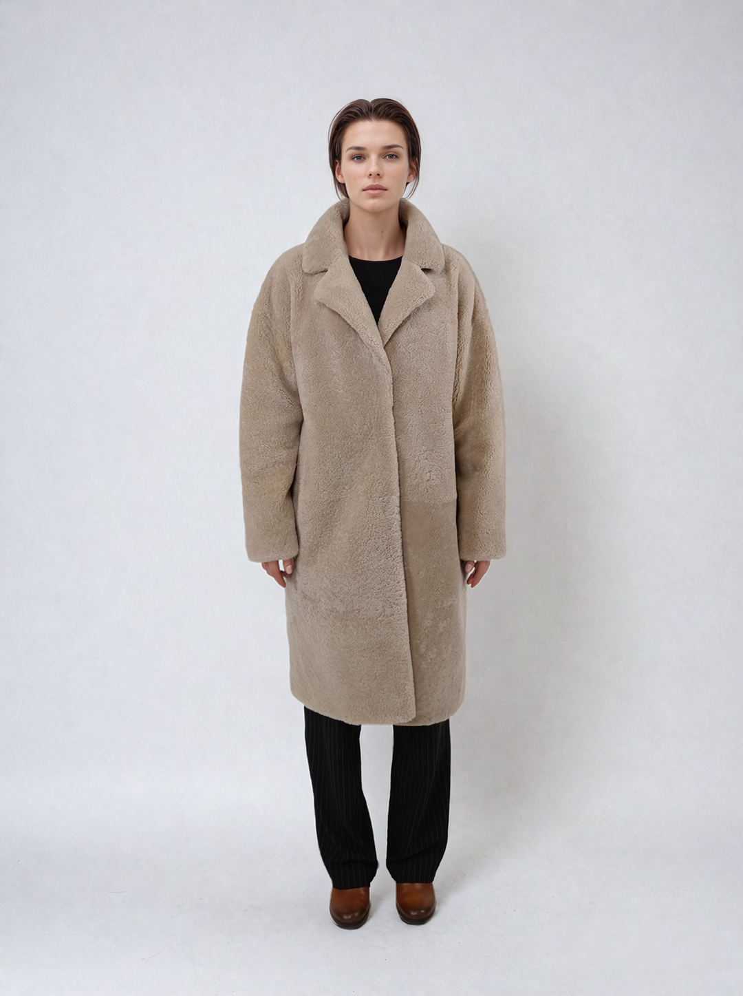 Hella, 95 cm. - Collar - Curly Lamb - Jacket - Women - Dark Beige