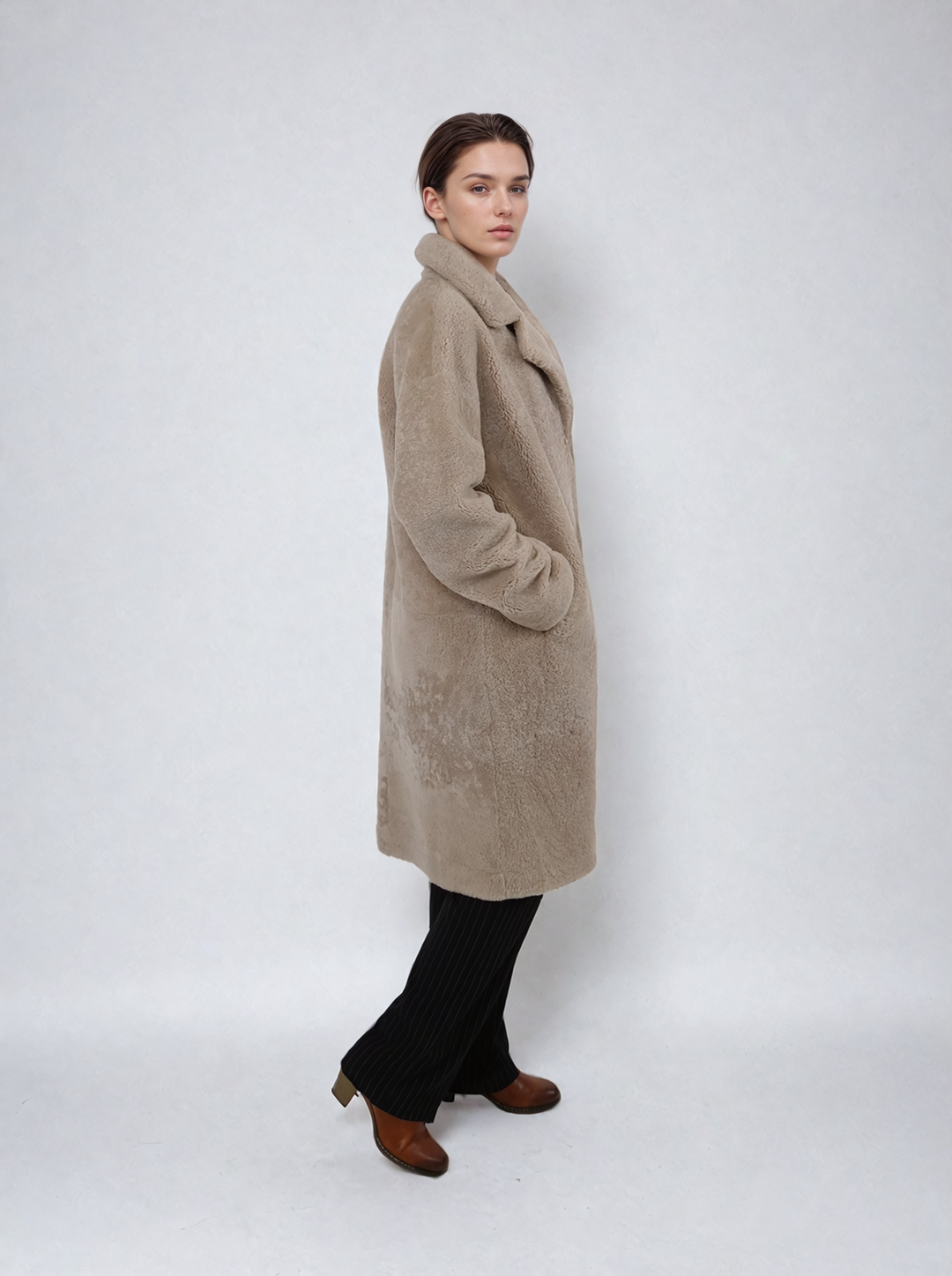 Hella, 95 cm. - Collar - Curly Lamb - Jacket - Women - Dark Beige