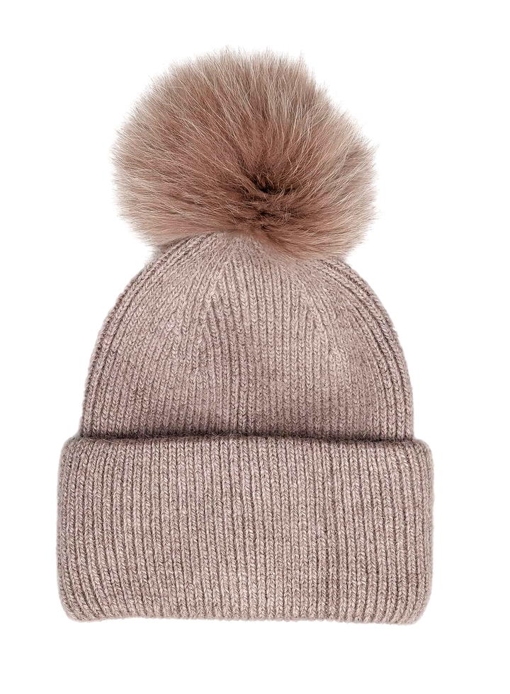 HL22C007 Angora Wool Beanie med pelspompon taupe