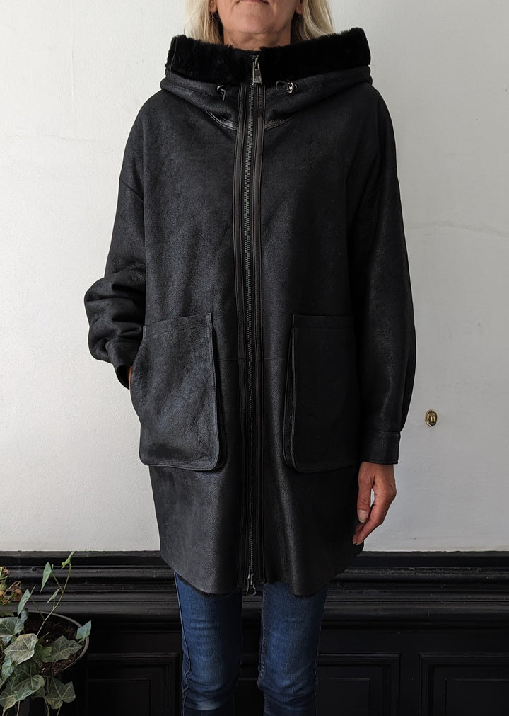 Gavina, 84 cm. - Hood - Nappa Lamb - Women - Black