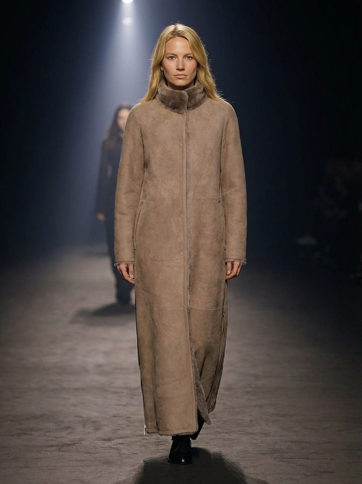 Flora, 125 cm. - Krage - semsket lam - Kvinner Shearling Coat - Dark Oak