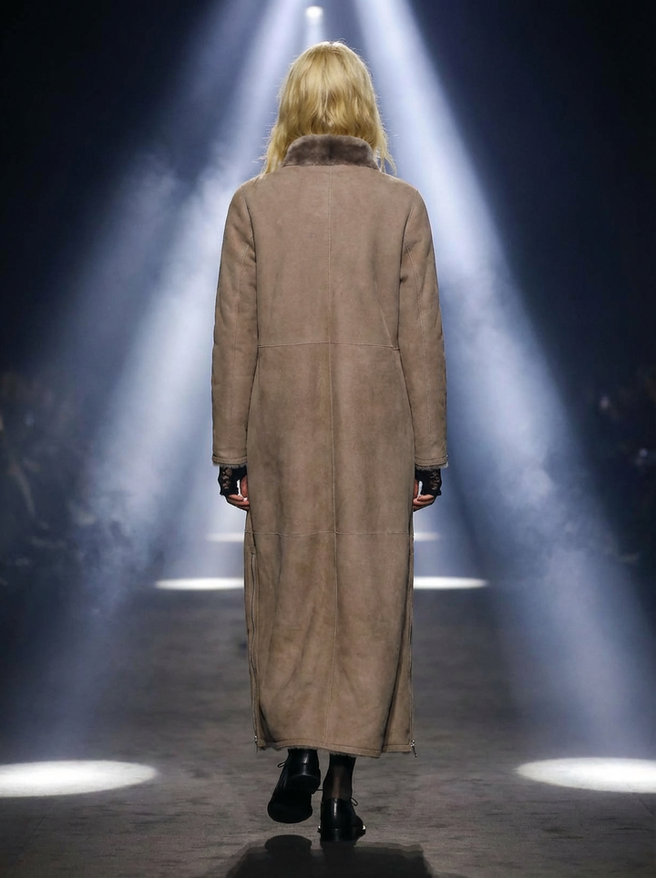 Flora, 125 cm. - Krage - semsket lam - Kvinner Shearling Coat - Dark Oak