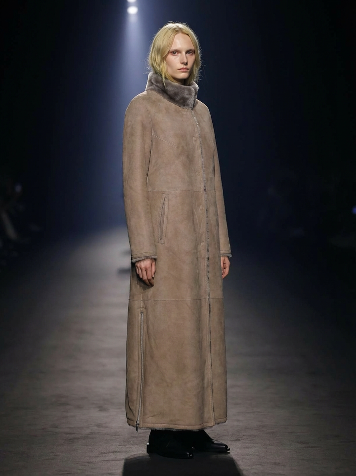 Flora, 125 cm. - Krage - semsket lam - Kvinner Shearling Coat - Dark Oak