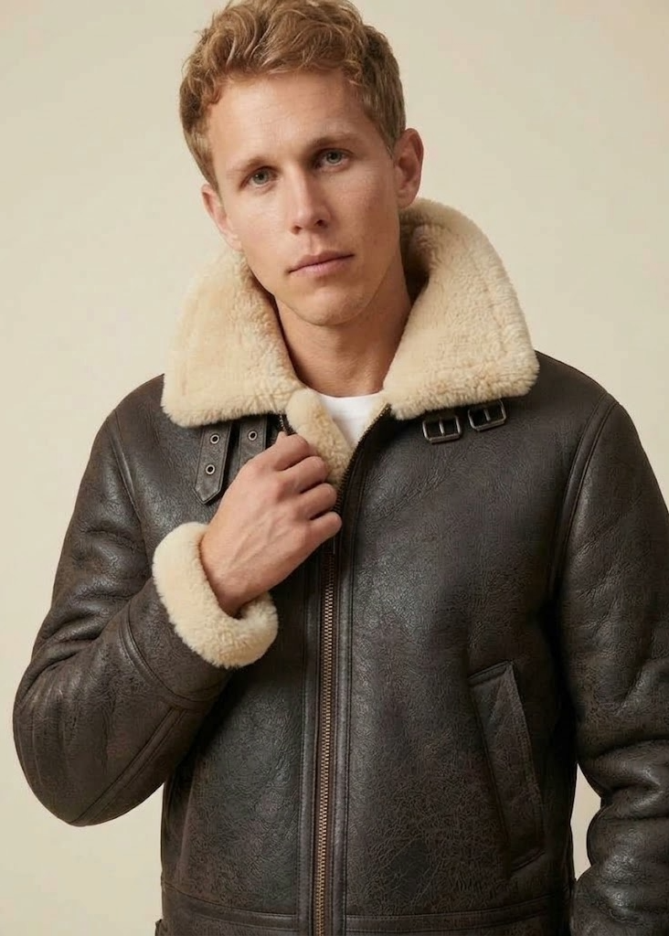 A man wearing a dark brown leather aviator-style jacket with a thick cream shearling collar and cuffs, photographed against a plain beige studio background.