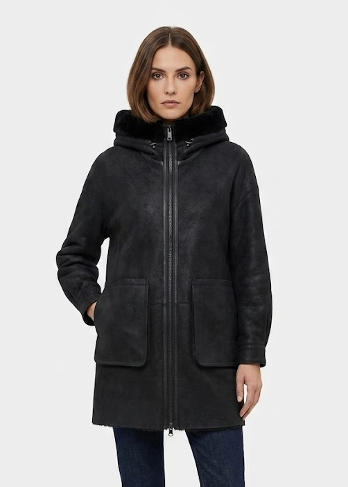 Gavina, 84 cm. - Hætte - Nappa Lam - Damer - Sort