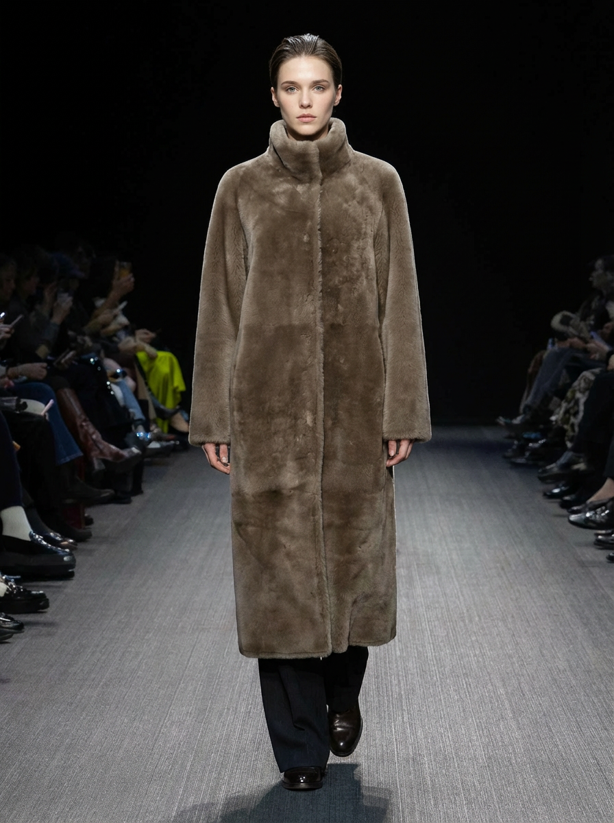 Flora, 125 cm. - Krage - semsket lam - Kvinner Shearling Coat - Dark Oak
