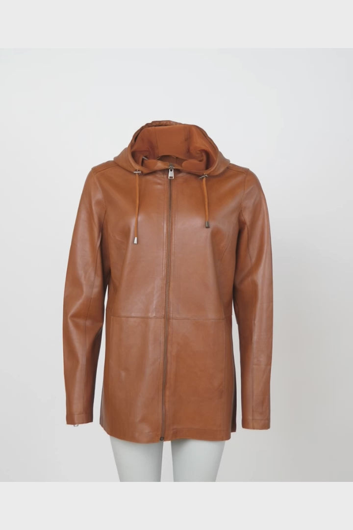 Harmony, 80 cm. - Hood - Lamb Malli Leather - Women - Dark Tan